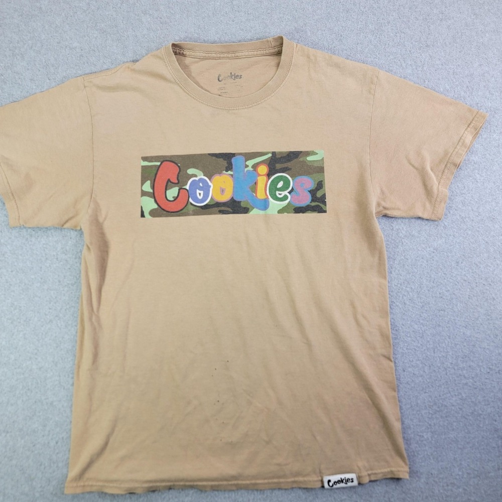 Cookies Shirt Mens Medium Beige Camo Box Logo Graphic Streetwear Cotton Tee
